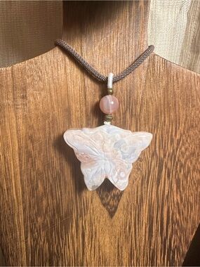 Handcrafted Flower Agate Butterfly Pendant with Banded Agate Bead on Brown Rope